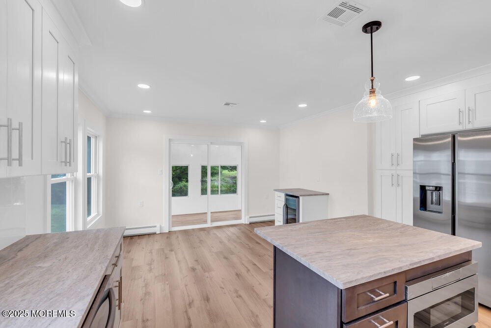 Interior, Kitchen, Pendant Lights, Recessed Lighting, Stainless Steel Appliances, Wood Texture Flooring