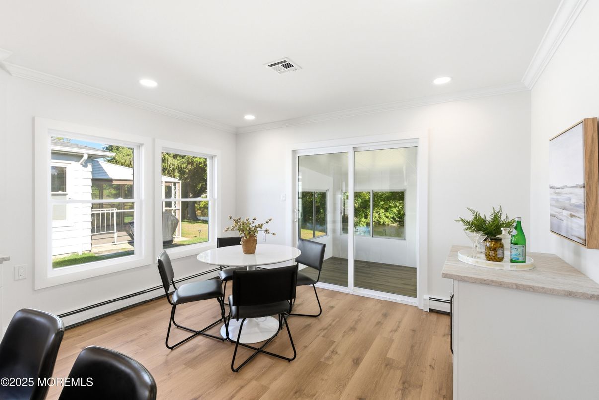 Dining room, Interior, Recessed Lighting, Wood Texture Flooring