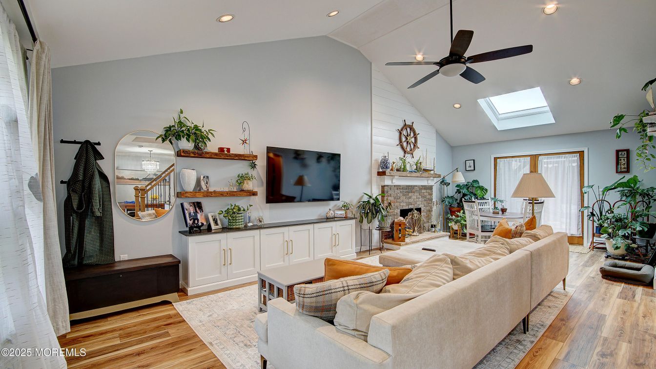 Fireplace, Interior, Living room, Recessed Lighting, Wood Texture Flooring