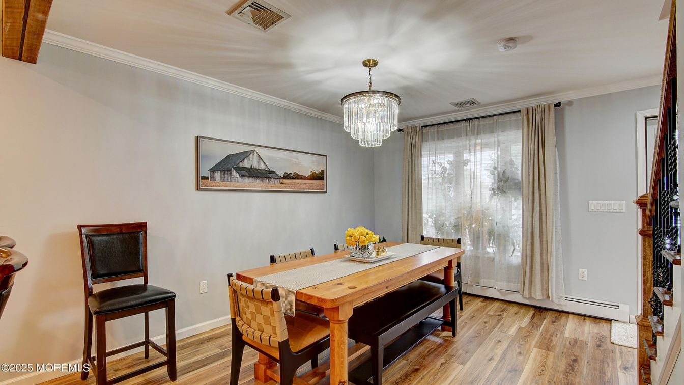 Chandelier, Dining room, Interior, Wood Texture Flooring