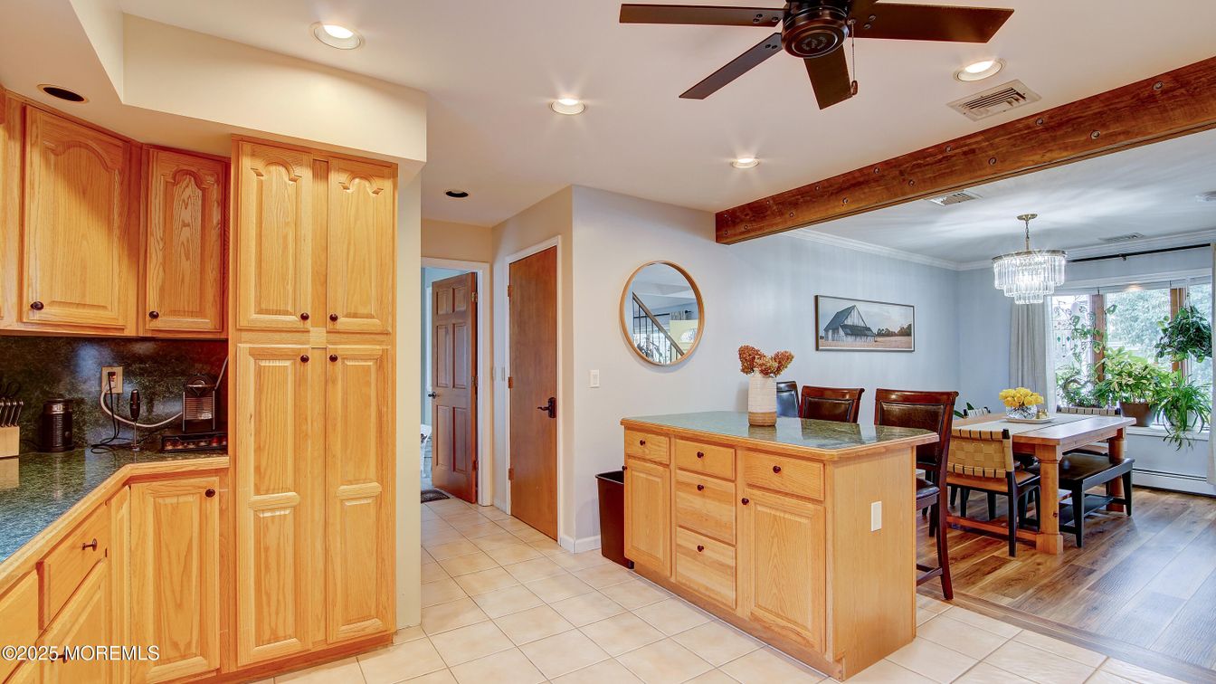 Chandelier, Dining room, Interior, Recessed Lighting, Wooden Beams, Wood Texture Flooring