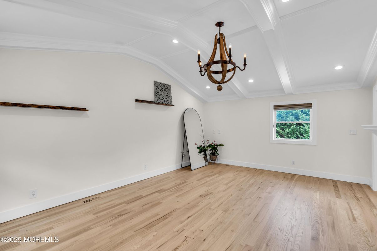 Chandelier, Empty room, Interior, Recessed Lighting, Wood Texture Flooring