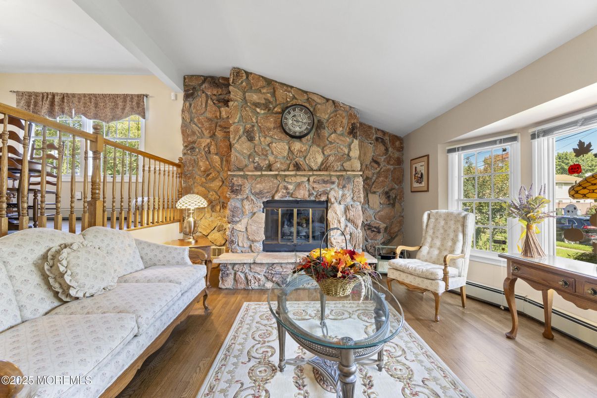 Fireplace, Interior, Living room, Stone Walls, Wood Texture Flooring