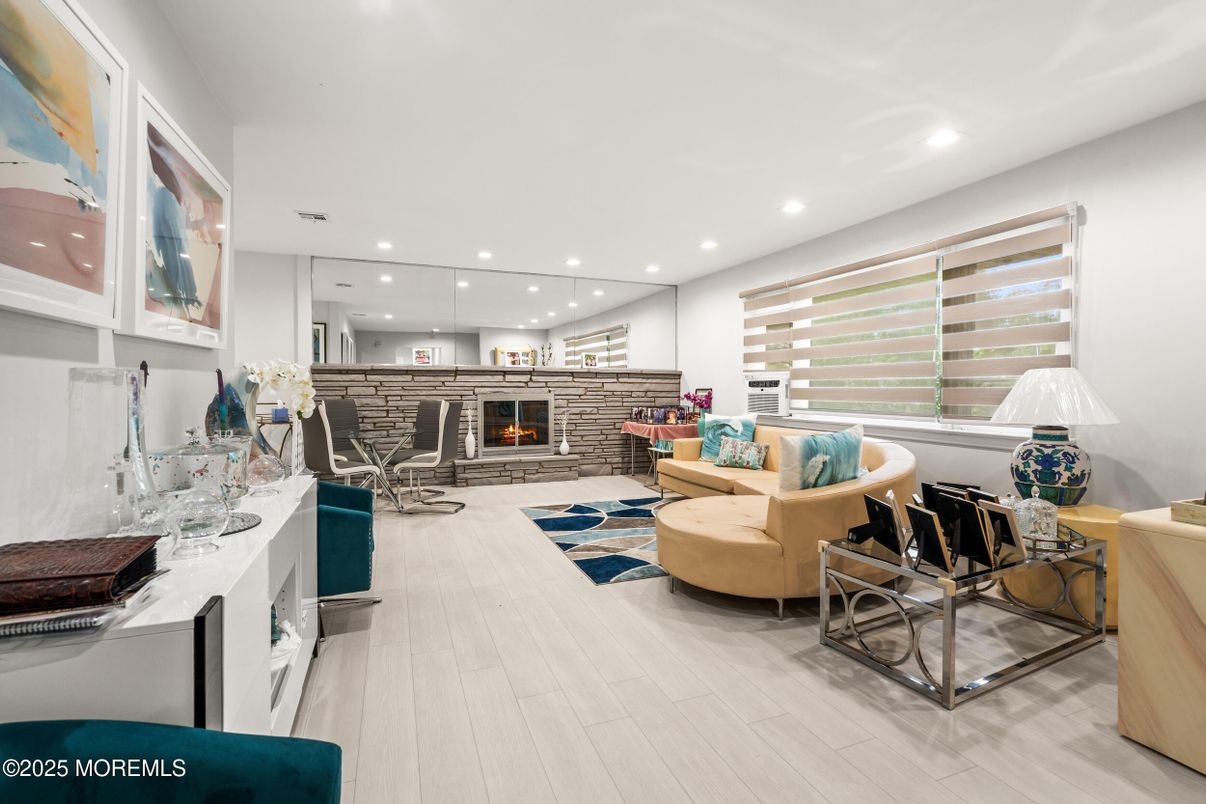 Fireplace, Interior, Living room, Recessed Lighting, Wood Texture Flooring