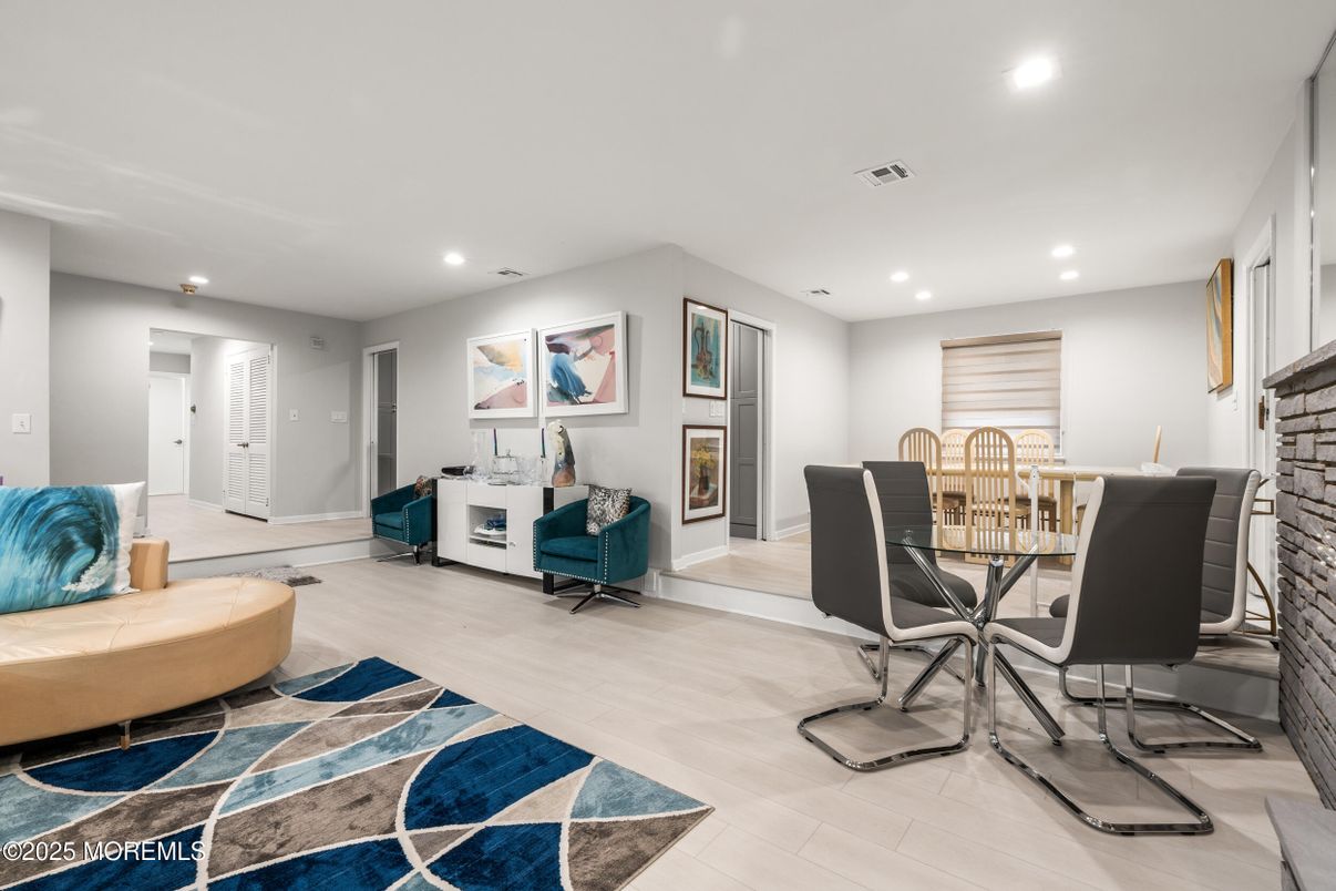 Dining room, Interior, Recessed Lighting, Wood Texture Flooring