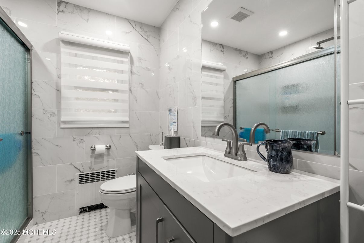 Bathroom, Glass Shower, Interior, Marble Walls, Recessed Lighting