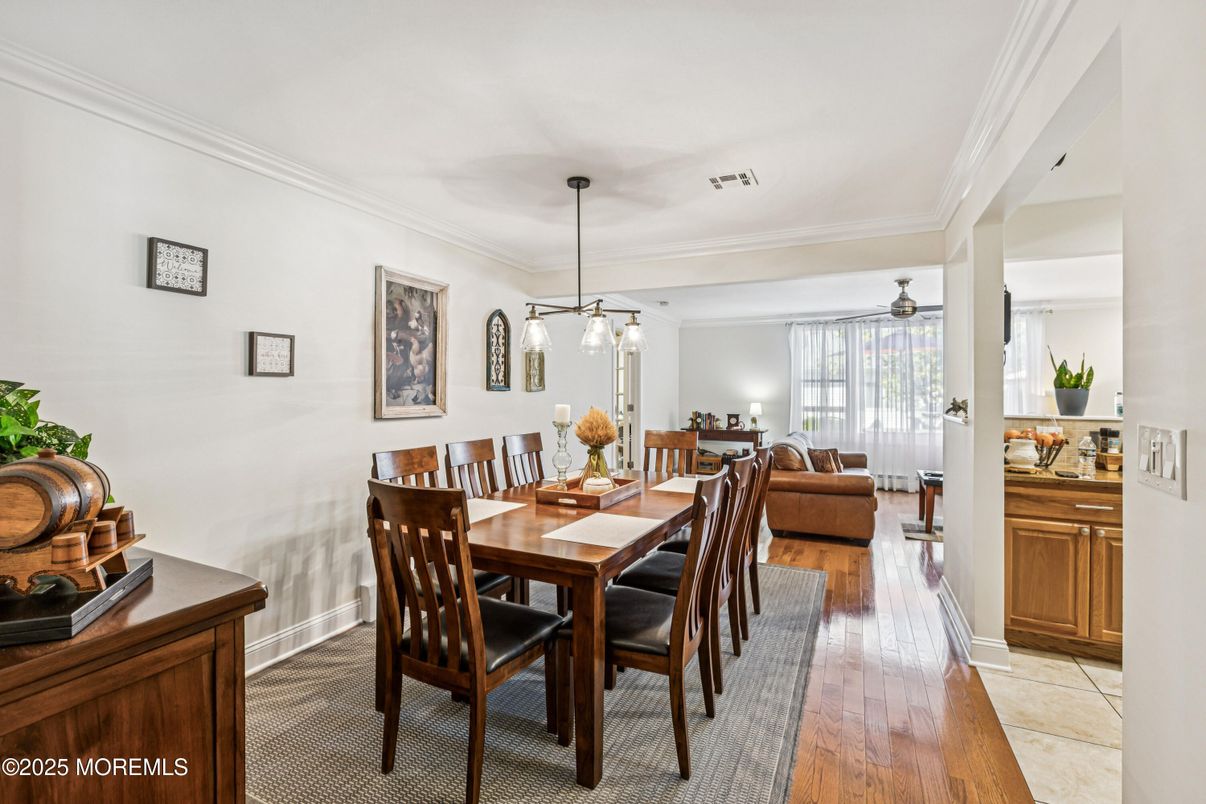 Dining room, Interior, Living room, Pendant Lights, Wood Texture Flooring