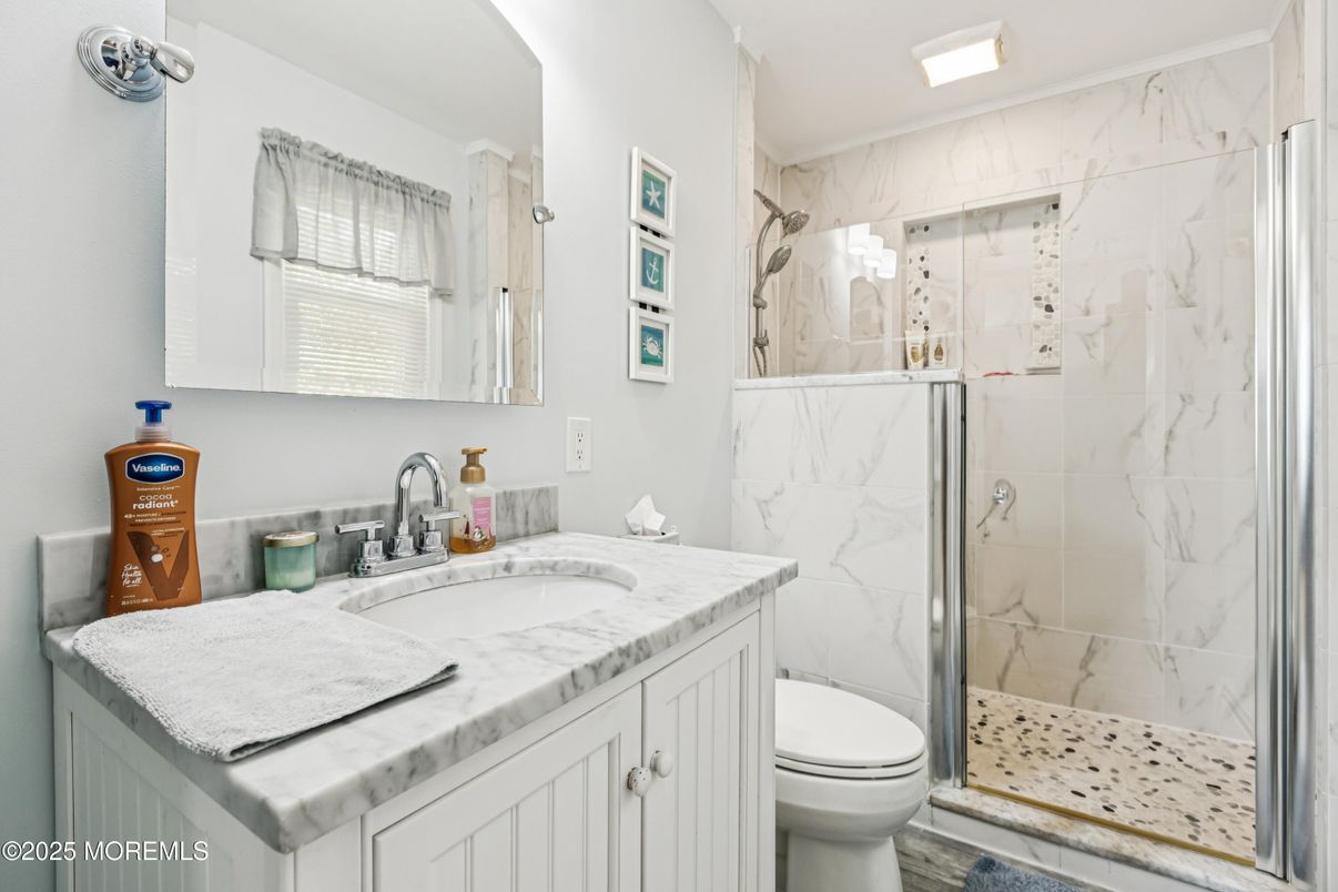Bathroom, Glass Shower, Interior, Marble Walls, Recessed Lighting
