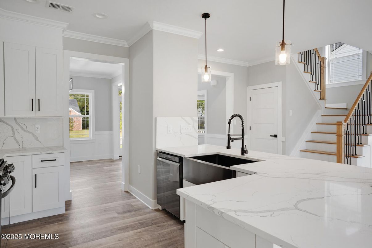 Interior, Kitchen, Marble Walls, Pendant Lights, Recessed Lighting, Wood Texture Flooring