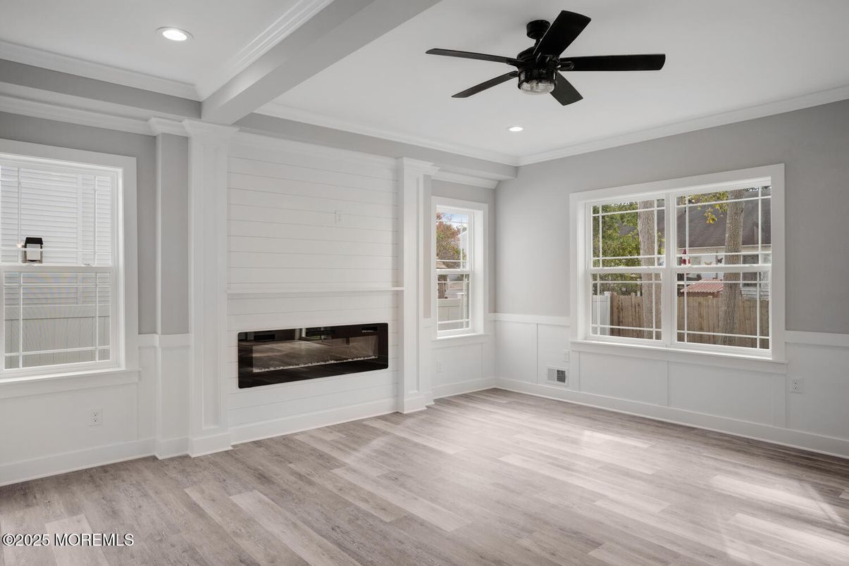 Empty room, Fireplace, Interior, Recessed Lighting, Wood Texture Flooring