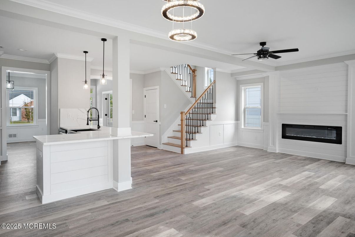 Fireplace, Interior, Kitchen, Pendant Lights, Recessed Lighting, Wood Texture Flooring