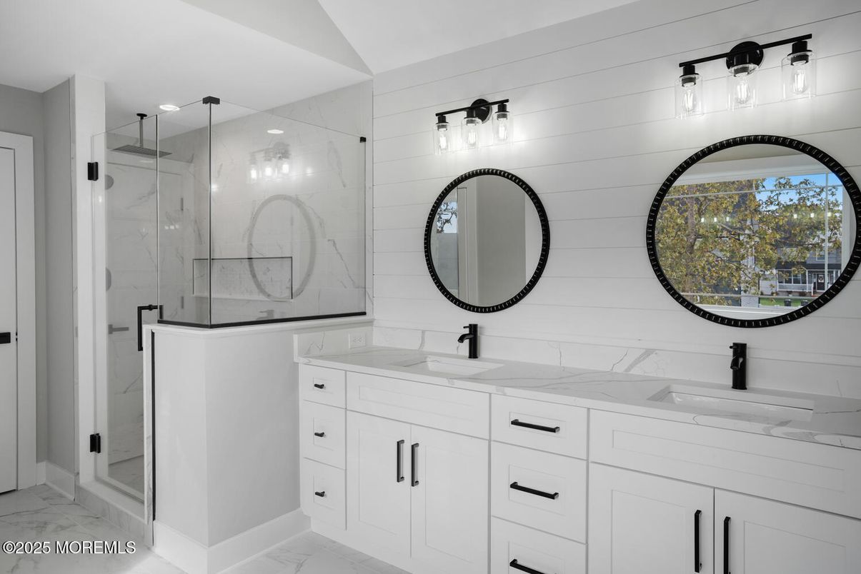 Bathroom, Dual Sink Vanities, Glass Shower, Interior, Marble, Marble Walls