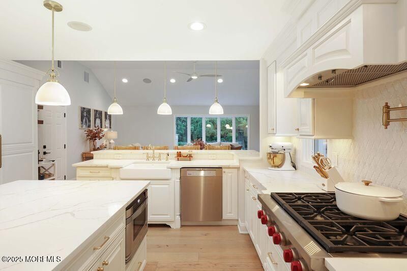 Interior, Kitchen, Pendant Lights, Recessed Lighting, Stainless Steel Appliances, Wood Texture Flooring