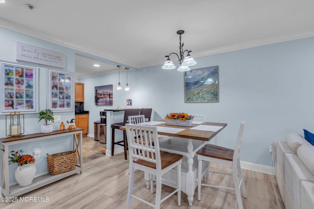 Dining room, Interior, Pendant Lights, Recessed Lighting, Wood Texture Flooring