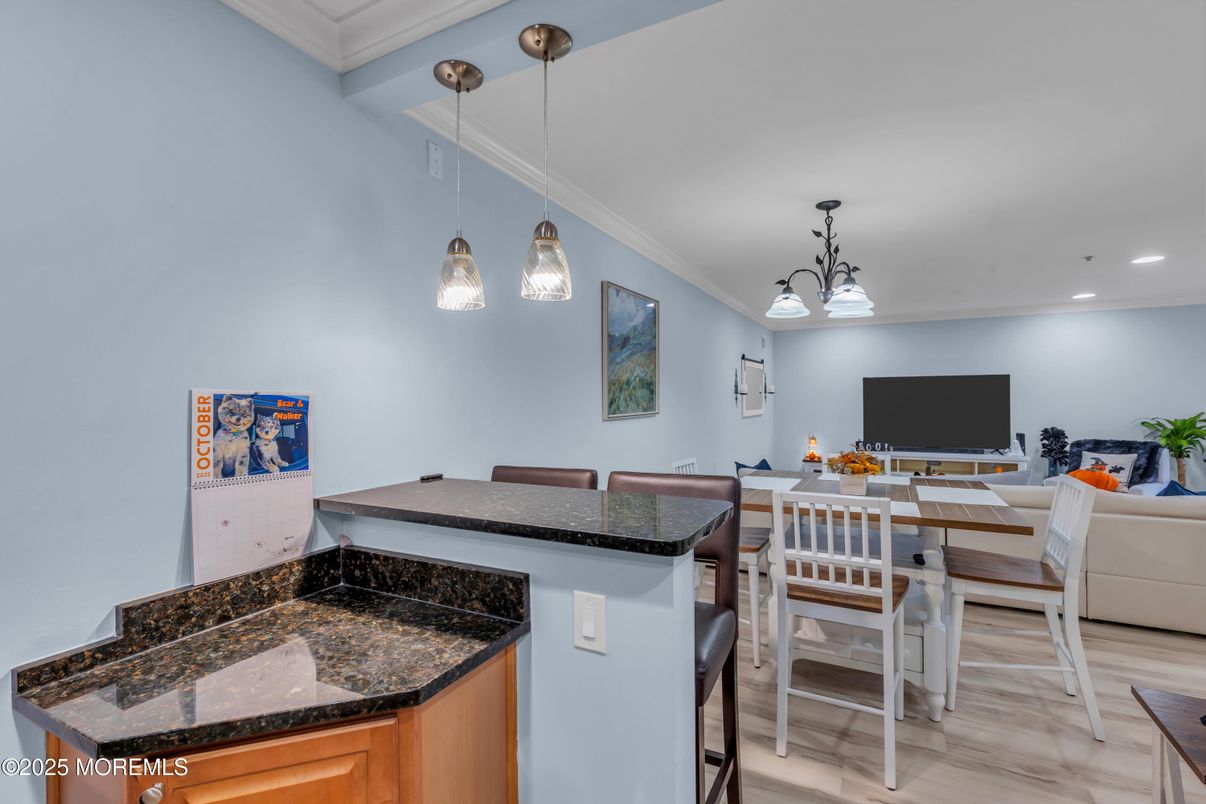 Dining room, Interior, Pendant Lights, Recessed Lighting, Wood Texture Flooring