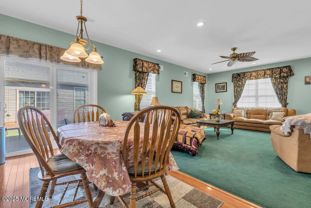 Dining room, Interior, Living room, Pendant Lights, Recessed Lighting, Wood Texture Flooring