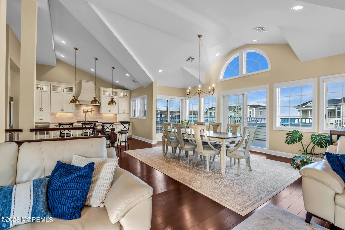Dining room, Interior, Kitchen, Pendant Lights, Recessed Lighting, Water, Wood Texture Flooring