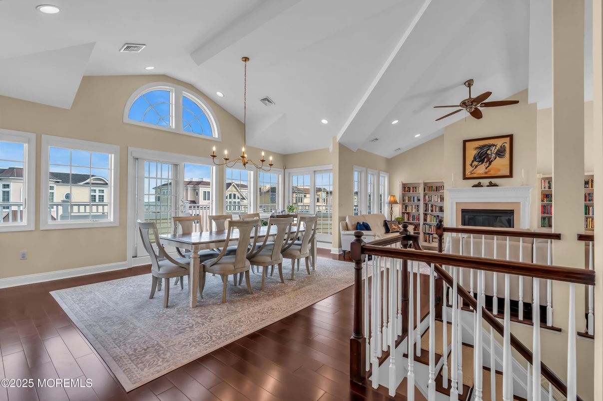 Chandelier, Dining room, Fireplace, Interior, Recessed Lighting, Wood Texture Flooring
