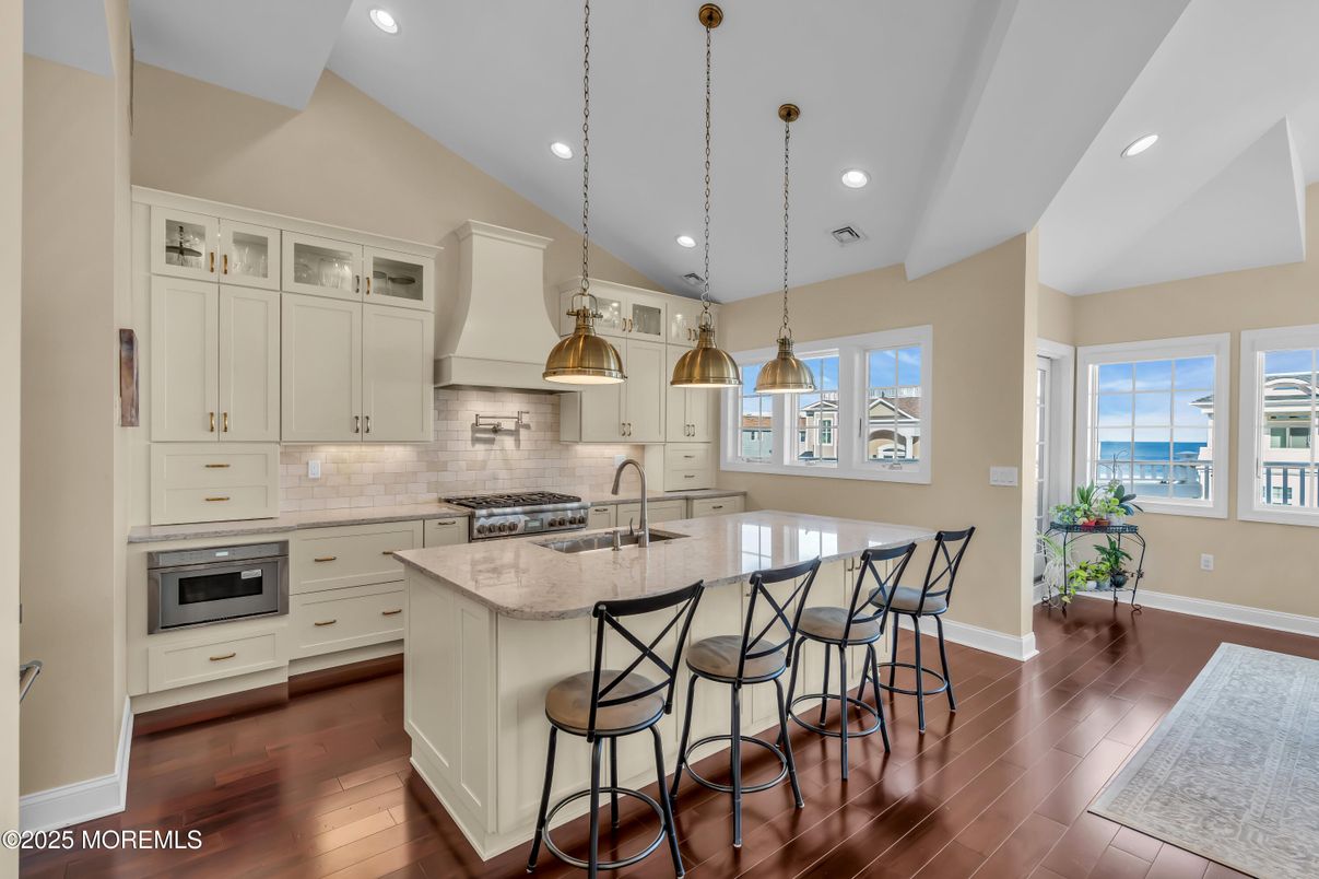 Interior, Kitchen, Pendant Lights, Recessed Lighting, Stainless Steel Appliances, Water, Wood Texture Flooring