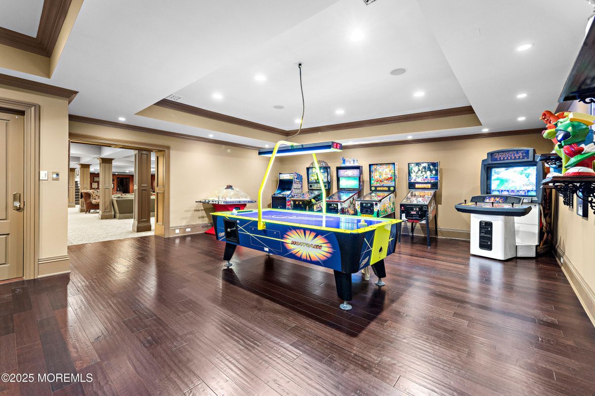 Game Room, Interior, Pendant Lights, Recessed Lighting, Wood Texture Flooring