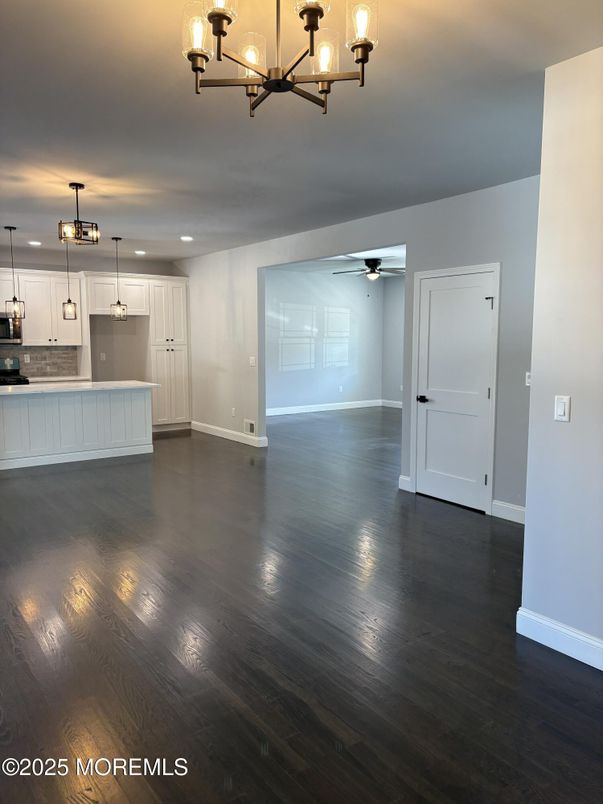 Chandelier, Empty room, Interior, Kitchen, Pendant Lights, Wood Texture Flooring