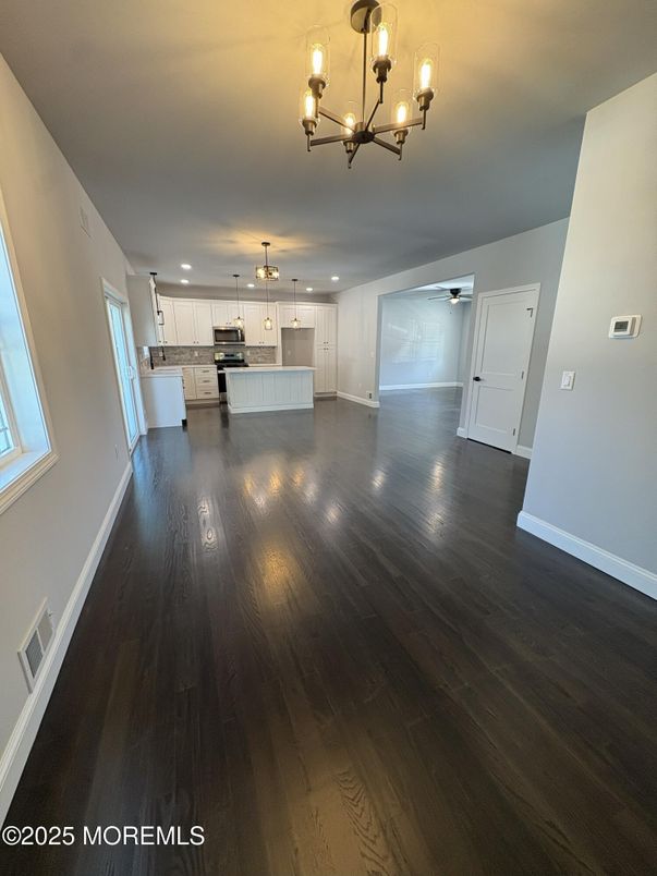 Chandelier, Empty room, Interior, Kitchen, Stainless Steel Appliances, Wood Texture Flooring