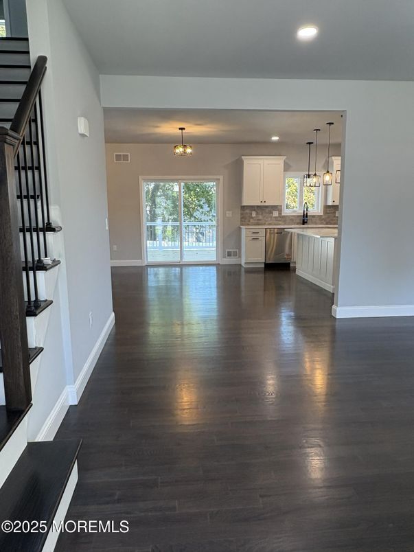 Empty room, Interior, Kitchen, Pendant Lights, Recessed Lighting, Wood Texture Flooring