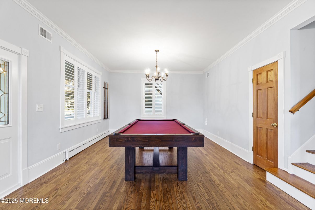 Billiard Table, Chandelier, Game Room, Interior, Wood Texture Flooring