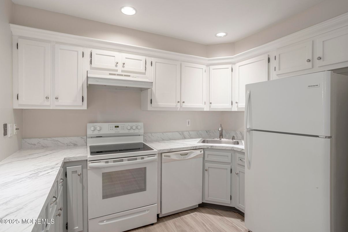 Interior, Kitchen, Marble, Recessed Lighting, Wood Texture Flooring