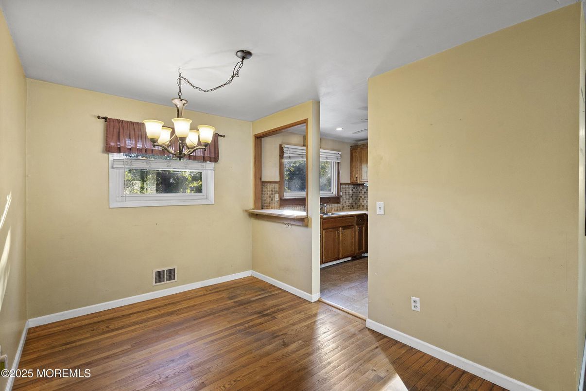 Chandelier, Empty room, Interior, Kitchen, Recessed Lighting, Wood Texture Flooring