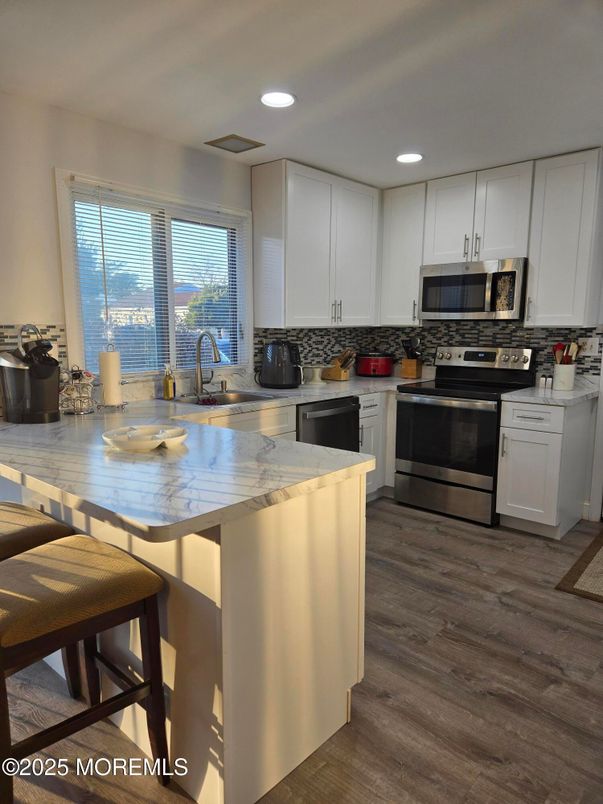 Interior, Kitchen, Recessed Lighting, Stainless Steel Appliances, Wood Texture Flooring