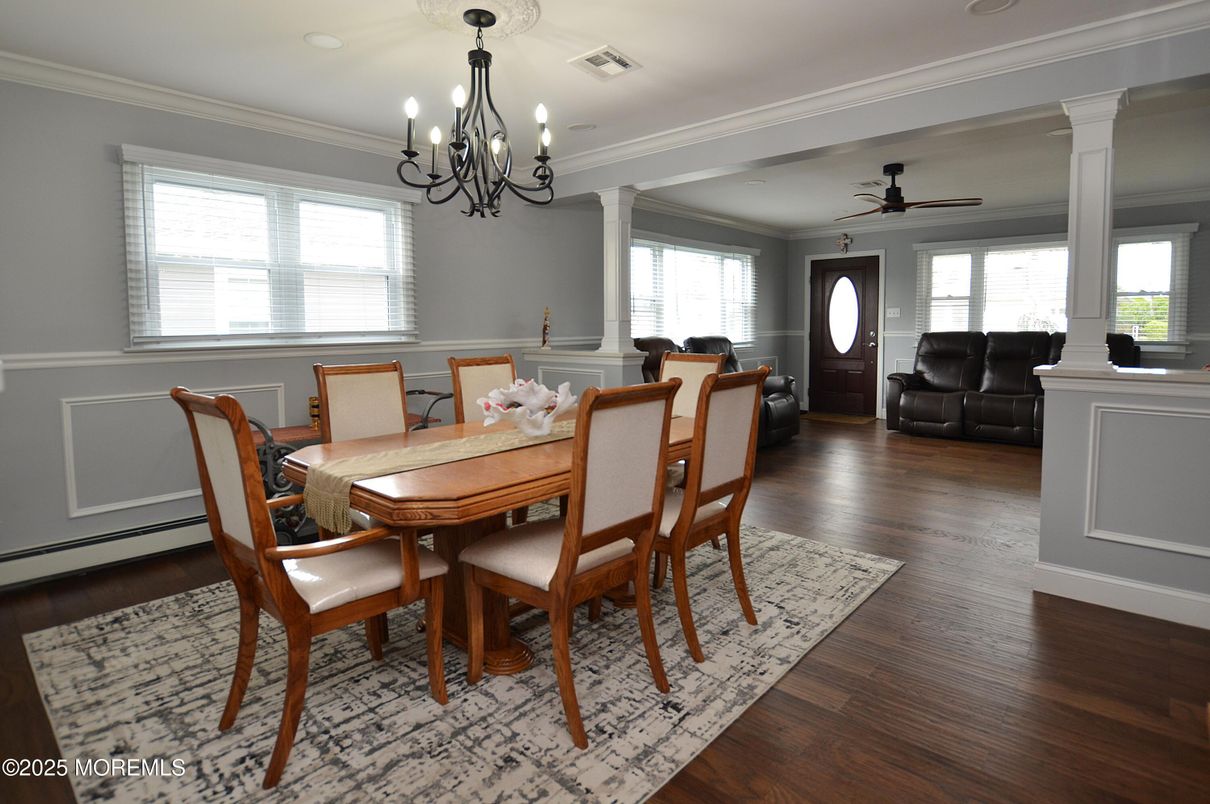 Chandelier, Dining room, Interior, Wood Texture Flooring