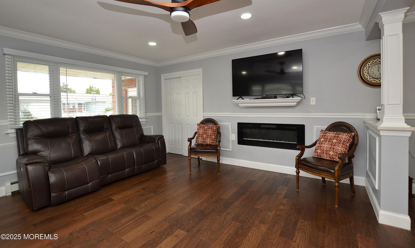 Fireplace, Interior, Recessed Lighting, Wood Texture Flooring