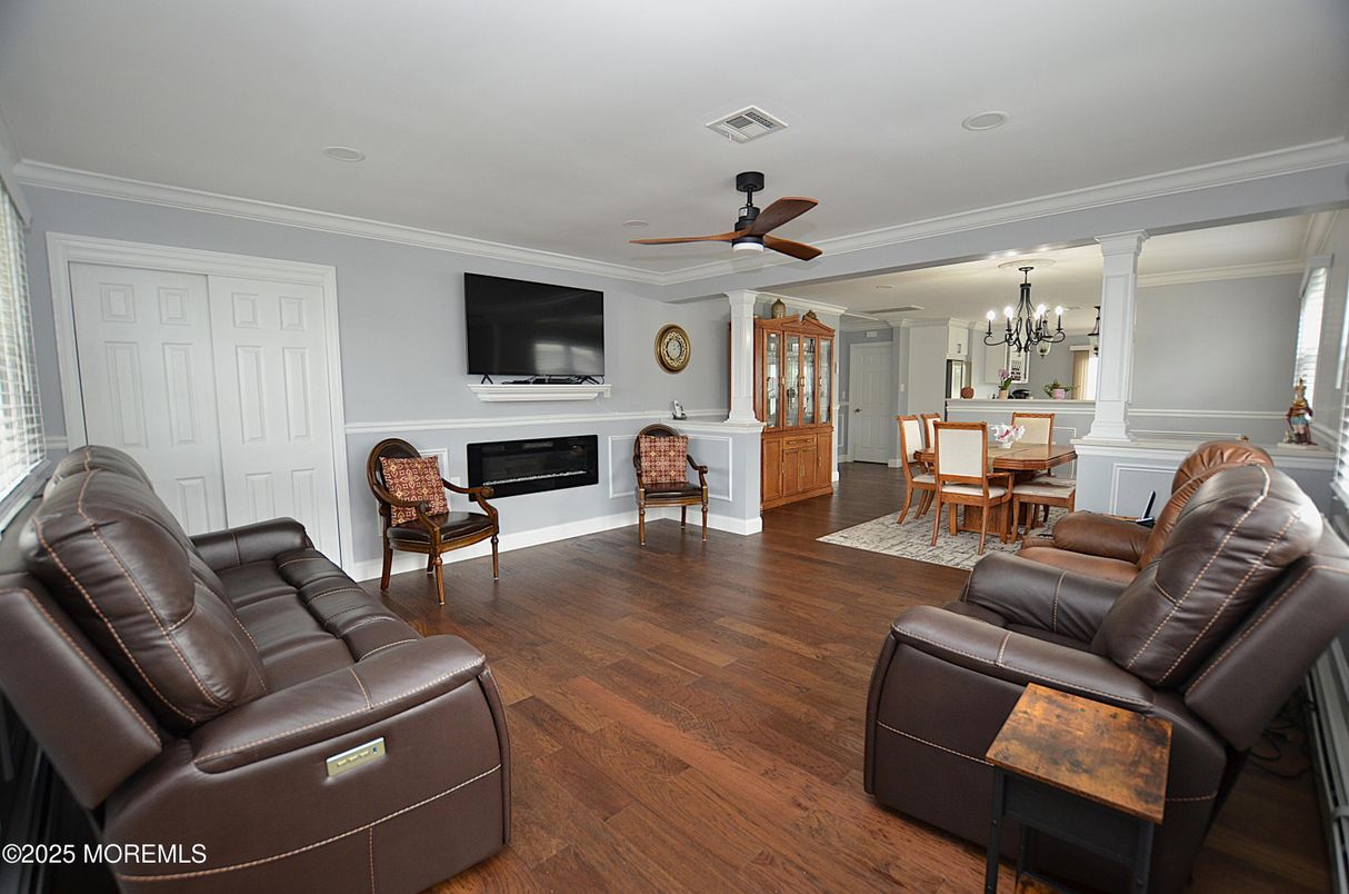Chandelier, Dining room, Fireplace, Interior, Living room, Wood Texture Flooring