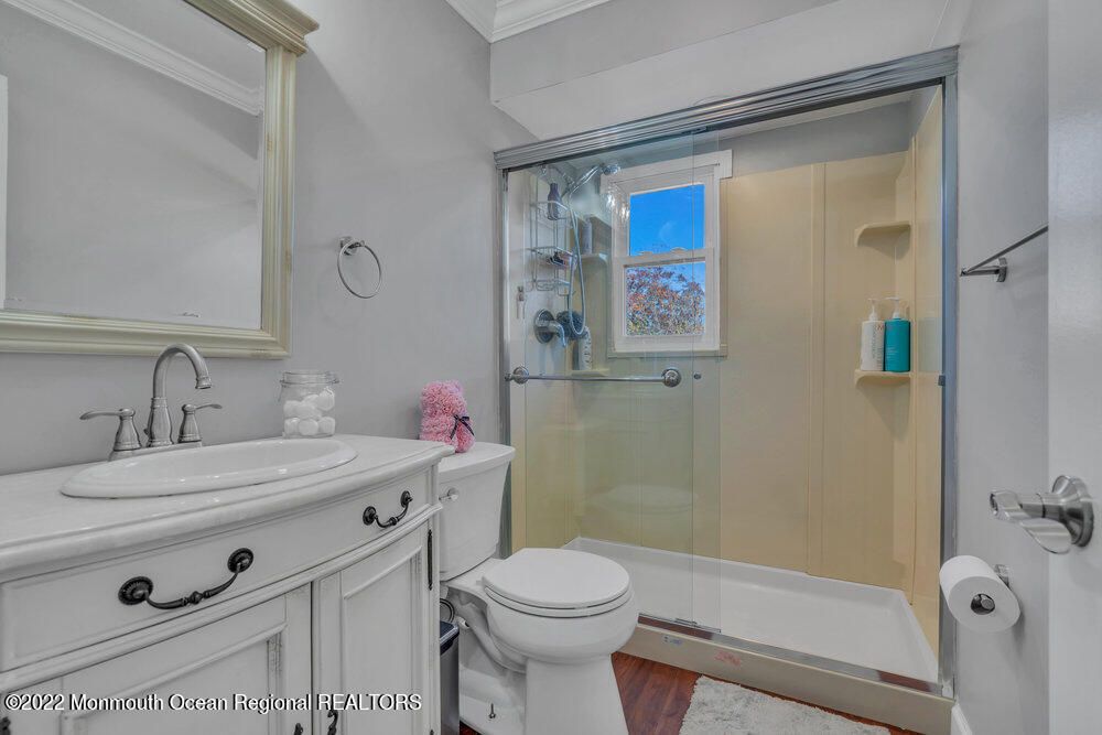 Bathroom, Glass Shower, Interior, Wood Texture Flooring
