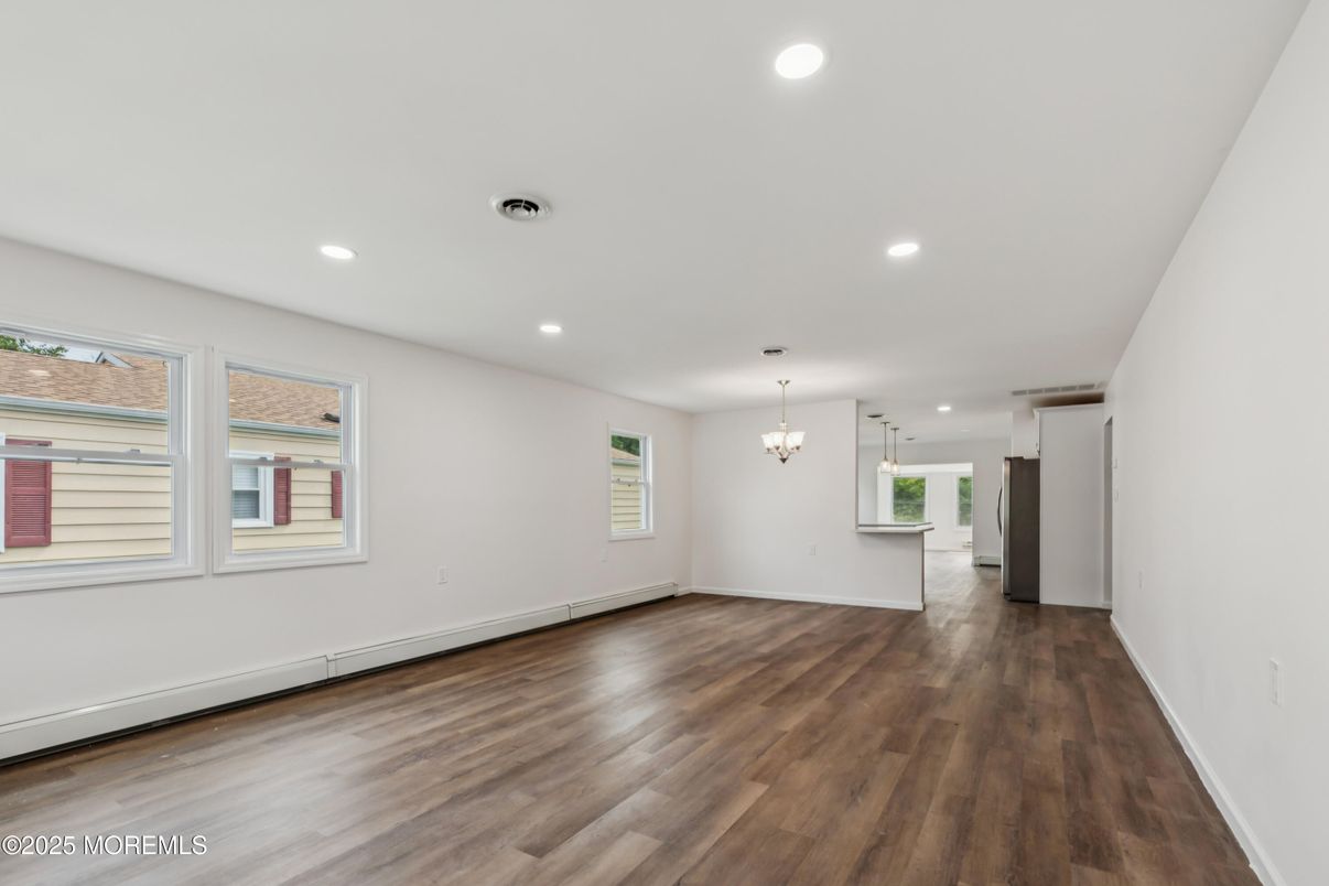 Chandelier, Empty room, Interior, Recessed Lighting, Wood Texture Flooring