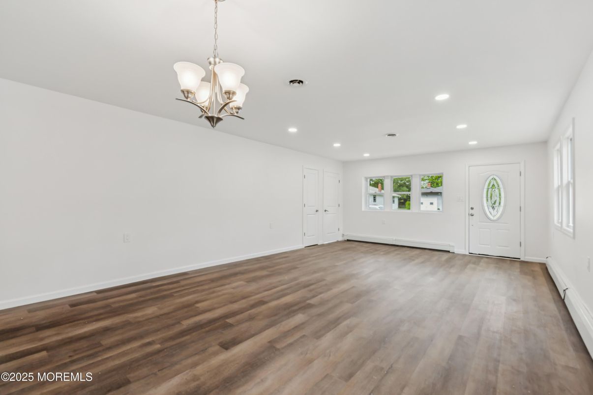 Chandelier, Empty room, Interior, Recessed Lighting, Wood Texture Flooring