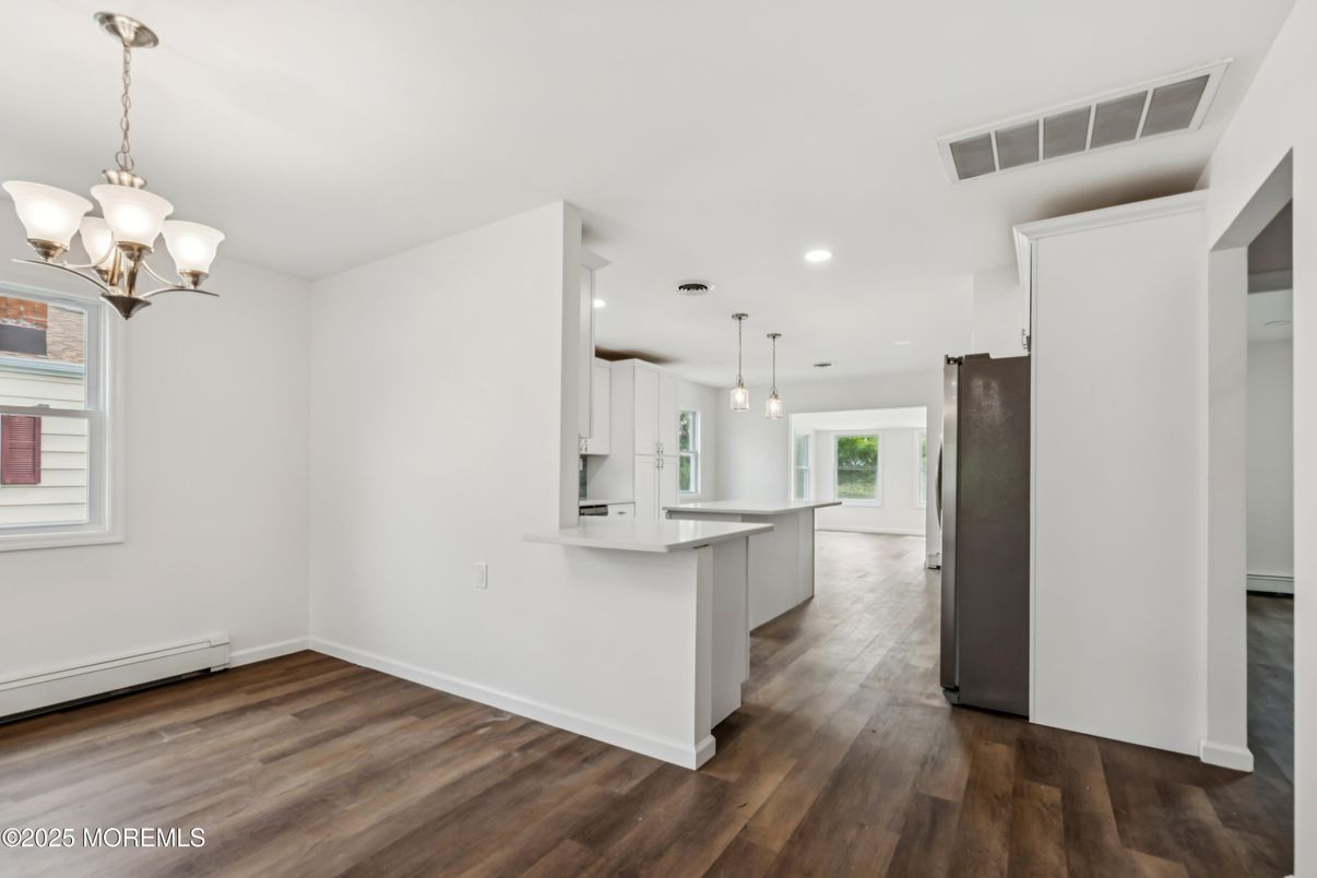 Chandelier, Empty room, Interior, Kitchen, Pendant Lights, Recessed Lighting, Wood Texture Flooring