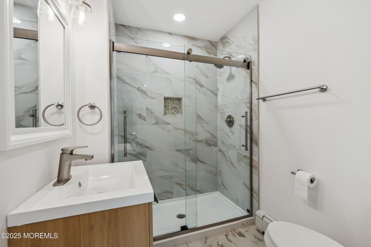 Bathroom, Glass Shower, Interior, Marble, Marble Walls, Recessed Lighting
