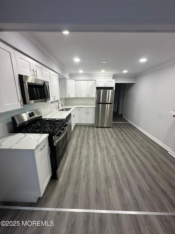 Interior, Kitchen, Recessed Lighting, Stainless Steel Appliances, Wood Texture Flooring