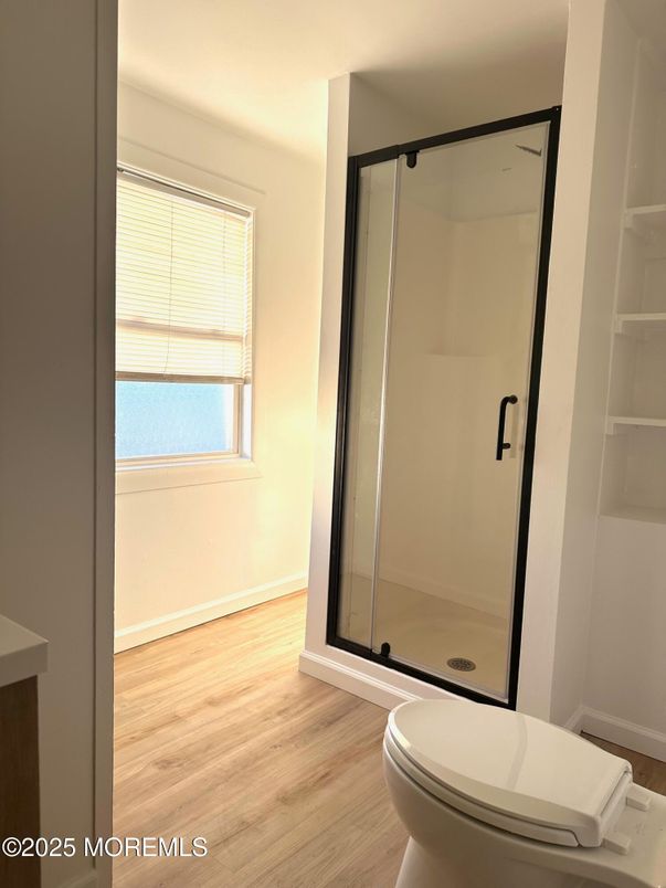 Bathroom, Glass Shower, Interior, Wood Texture Flooring