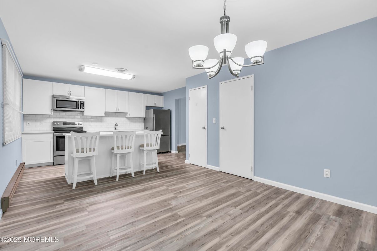 Chandelier, Interior, Kitchen, Stainless Steel Appliances, Wood Texture Flooring