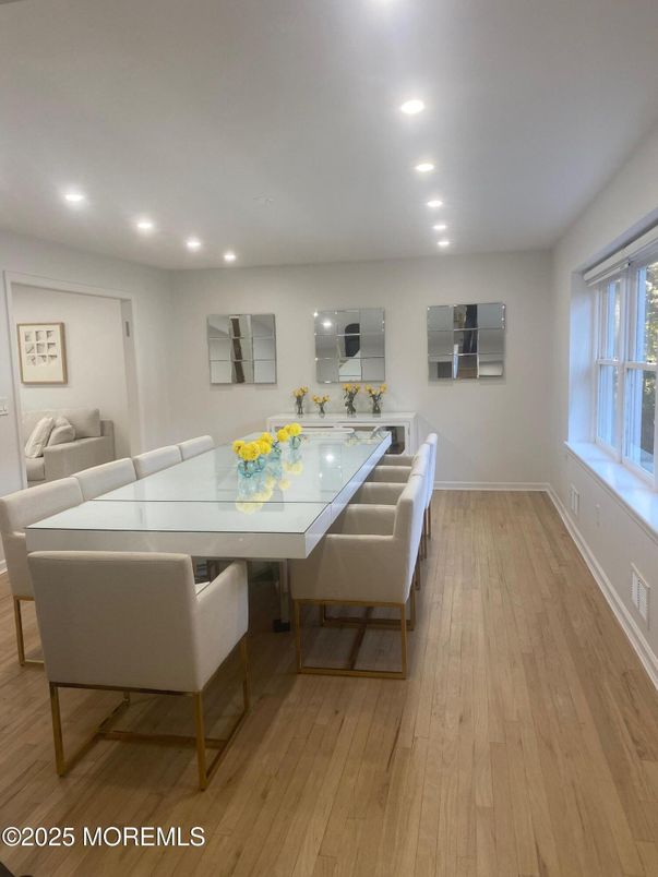 Dining room, Interior, Recessed Lighting, Wood Texture Flooring