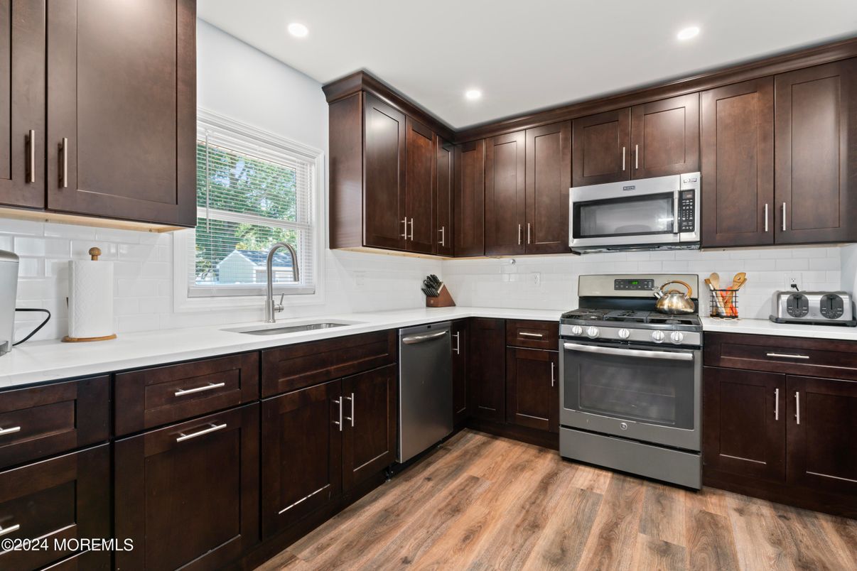 Interior, Kitchen, Recessed Lighting, Stainless Steel Appliances, Wood Texture Flooring