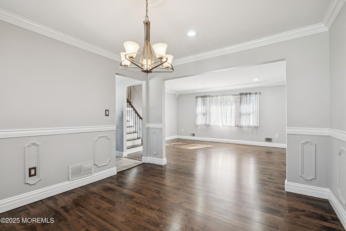 Chandelier, Empty room, Interior, Recessed Lighting, Wood Texture Flooring