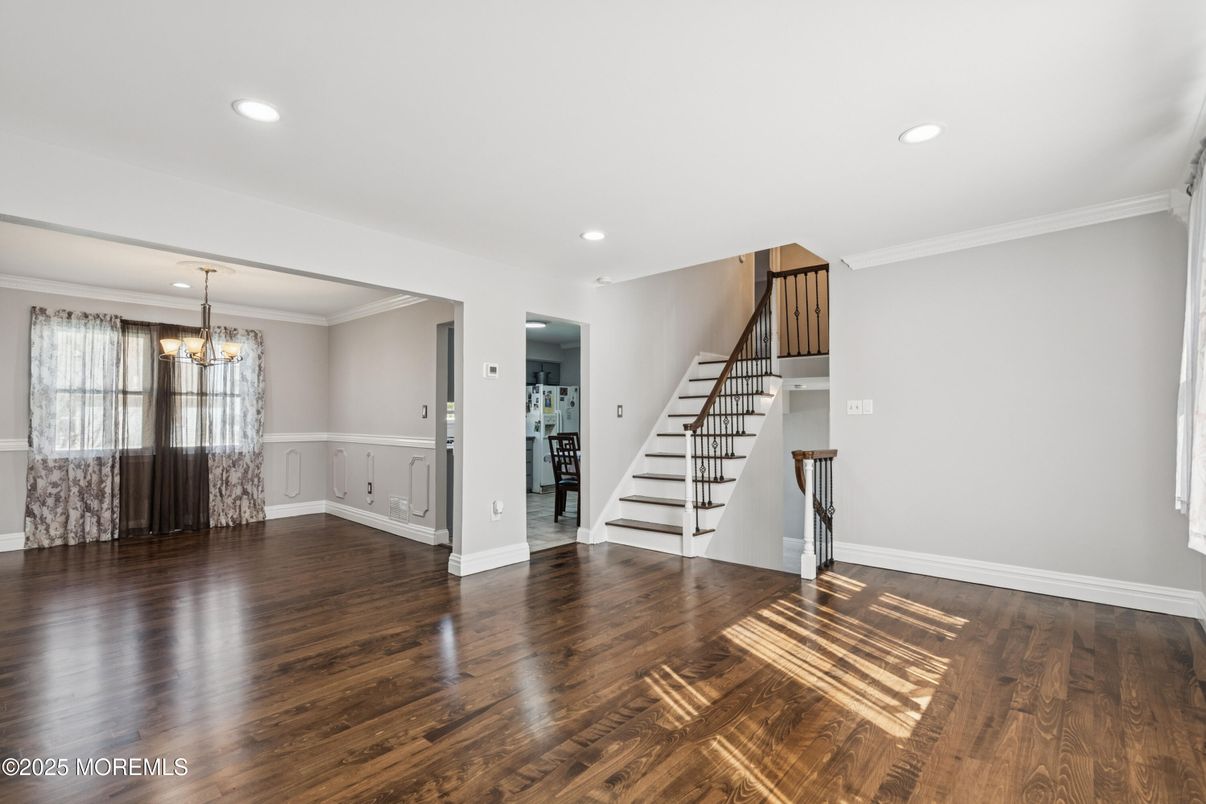 Chandelier, Empty room, Interior, Recessed Lighting, Wood Texture Flooring