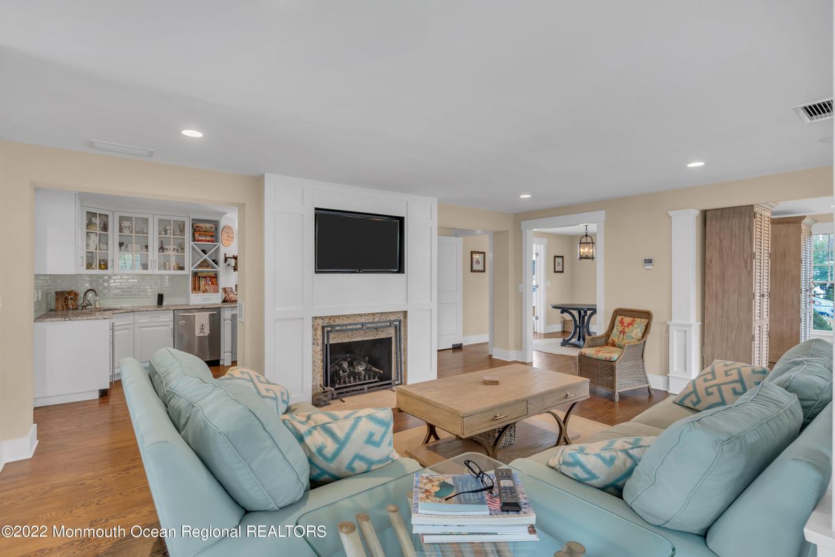 Fireplace, Interior, Living room, Recessed Lighting, Wood Texture Flooring