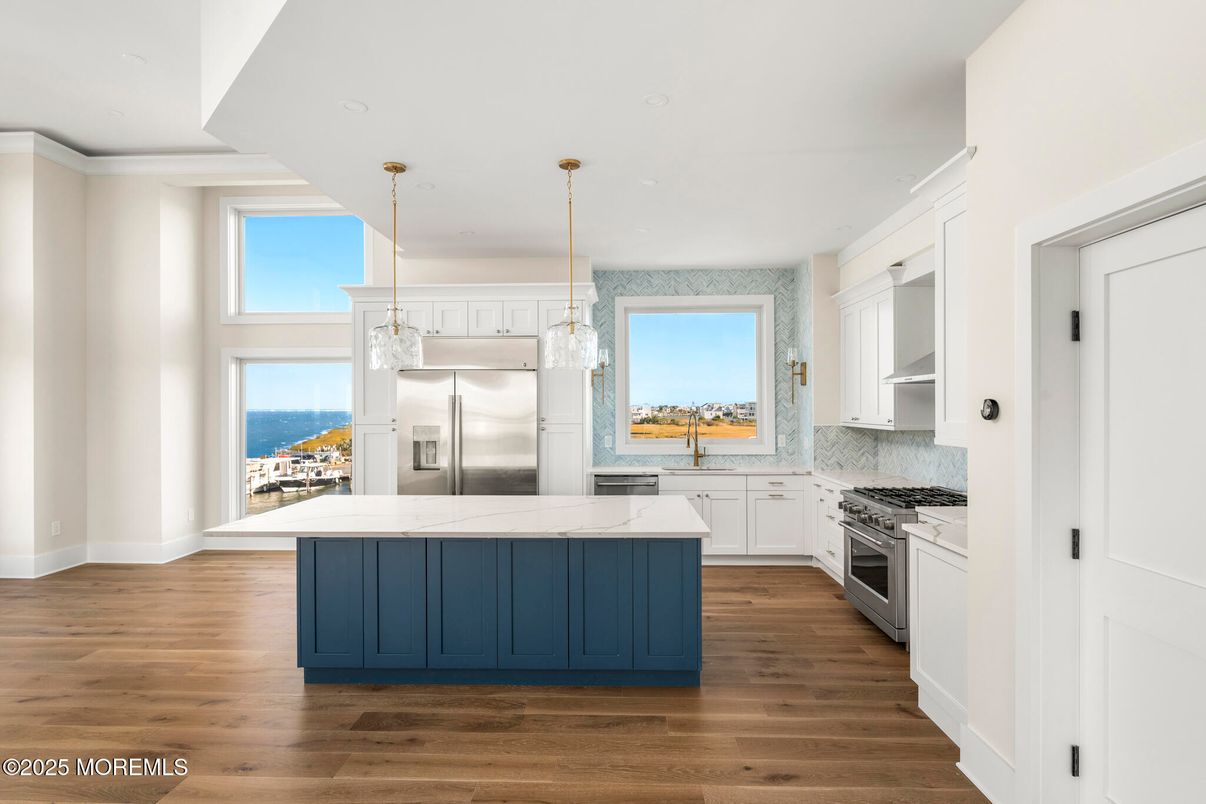 Interior, Kitchen, Pendant Lights, Recessed Lighting, Stainless Steel Appliances, Water, Wood Texture Flooring