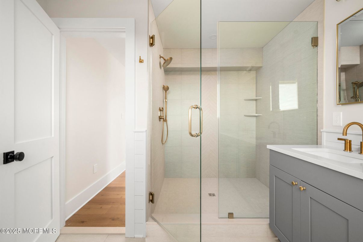 Bathroom, Glass Shower, Interior, Wood Texture Flooring