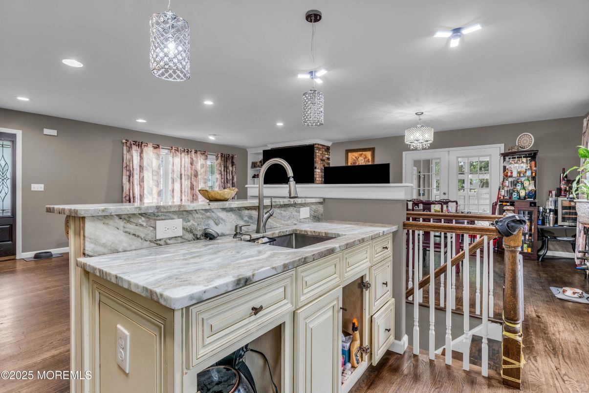 Chandelier, Interior, Kitchen, Pendant Lights, Recessed Lighting, Wood Texture Flooring